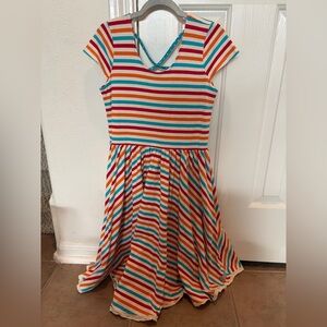 Eleanor Rose Red Teal Orange Striped Dress Eyelet Ruffle Size 14-16